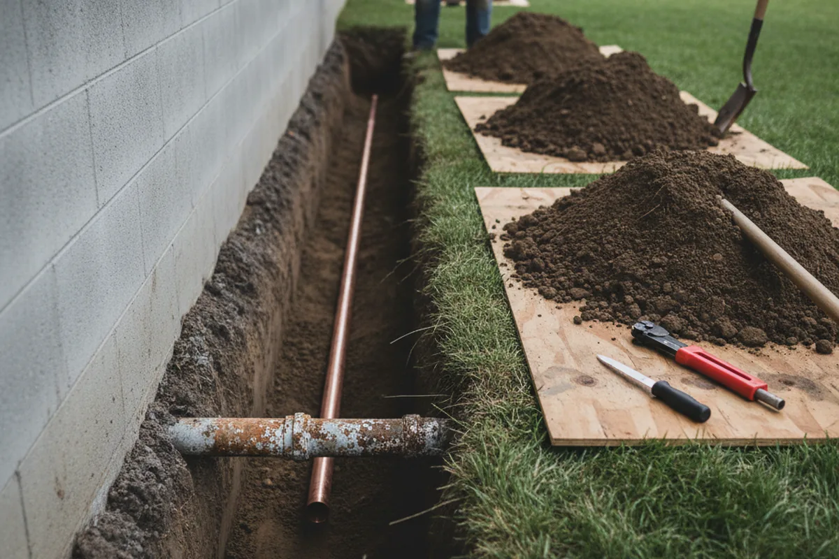 Excavated water line trench during Sewer Line Repair in Cornland